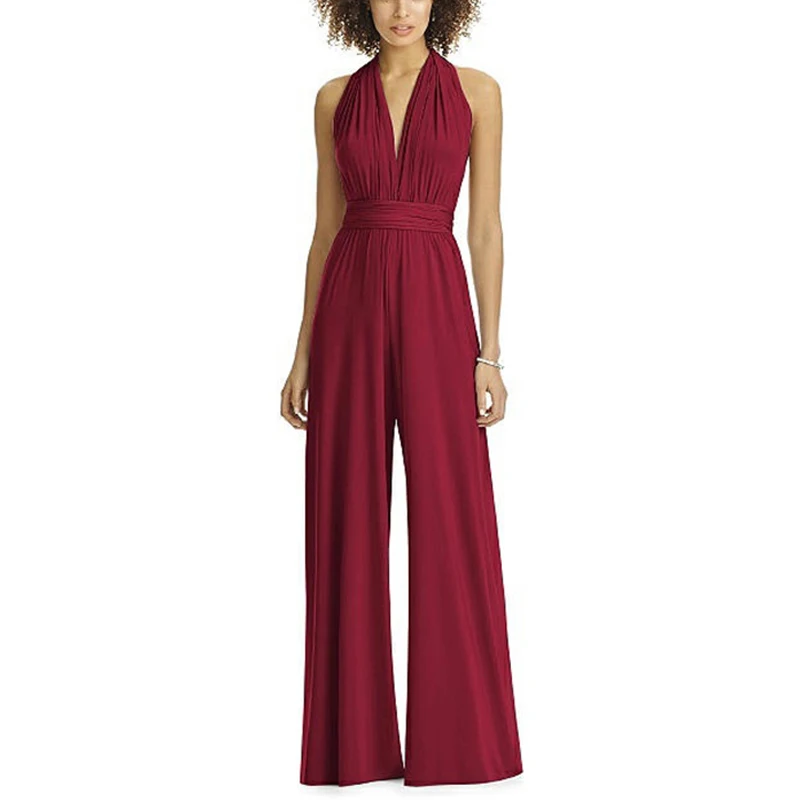 

2019 Women Summer combinaison femme V-Neck Hanging Neck Wrapped Chest Vintage Solid Color Backless Loose Wide Leg Jumpsuit