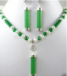 

hot sellHot! Beautiful white pearl green jade earrings necklace AA Netsuke Set