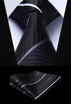 

Woven Men Tie Black Striped Necktie Handkerchief Set#TS913L8S Party Wedding Classic Fashion Pocket Square Tie