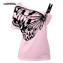 LASPERAL 2017 Women T Shirts Skew Collar Butterfly Print Basic Tshirt New Summer Woman Slash Neck T-shirt Tee Tops Plus Size 5XL