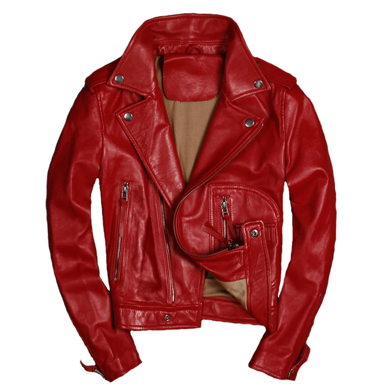 Genuine Leather Jacket Coat Women Real Sheepskin Motorcycle Biker Leather Jacket Slim Fit Female Ladies Outerwear Red Black