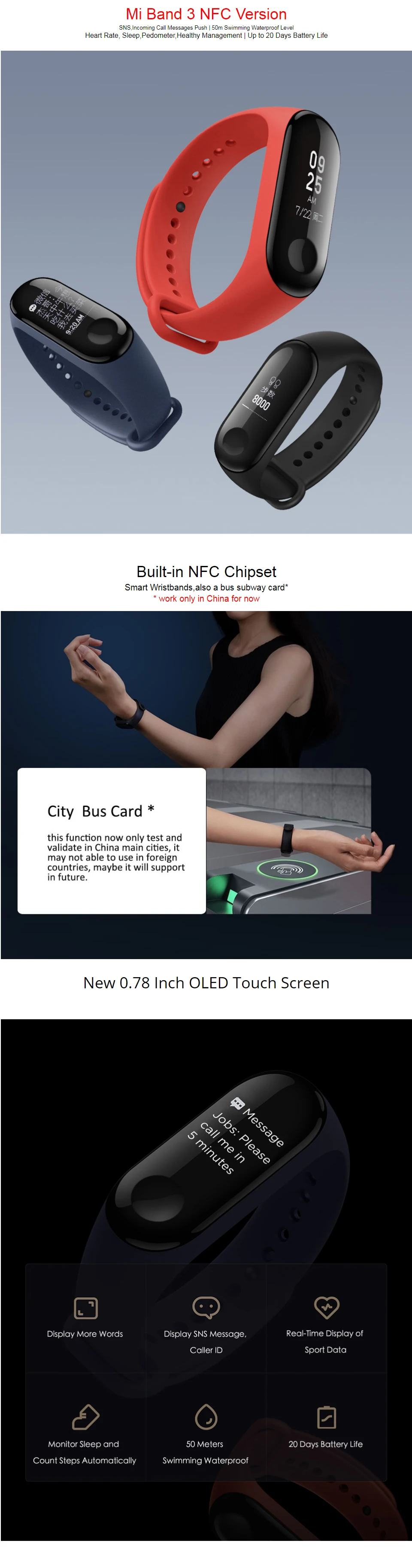 Xiaomi Mi-браслет 3 NFC Версия смарт-браслет 0,7" OLED сенсорный экран 5 АТМ плавание Отклонение вызова Пульс шаг время