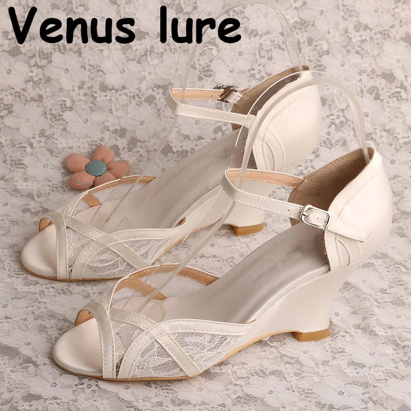 

Wedopus Ankle Strap Wedges High Heeled Sandals Ivory Lace 2019 Peep Toe