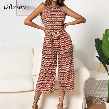 

Dilusoo Wave Striped Print Jumpsuits Women Sleeveless Bandage 3/4 Pants Straight Romper Female Casual Tank Office Lady Jumpsuit