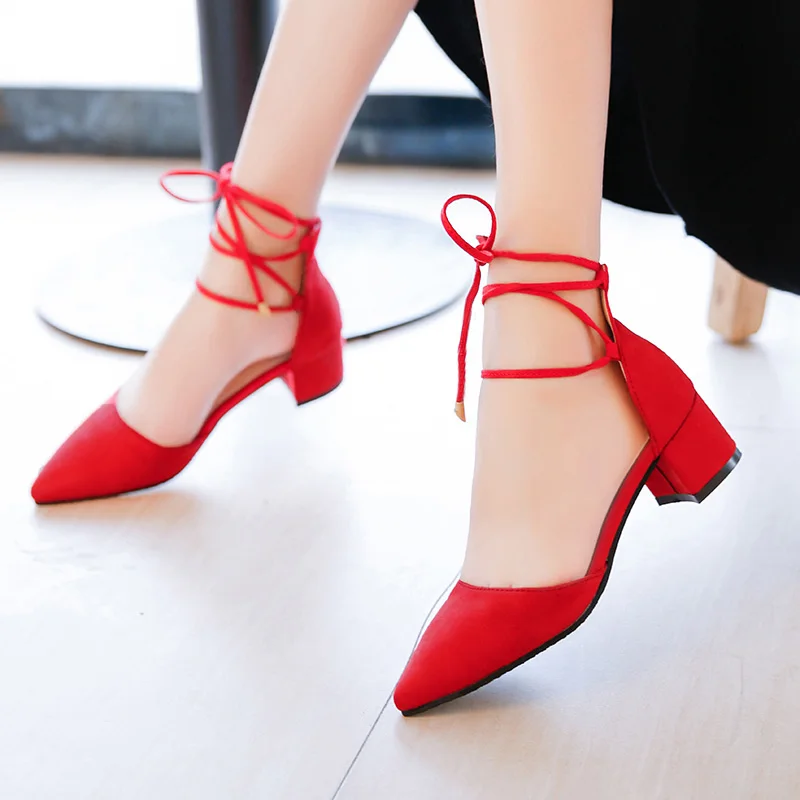 

Summer Woman Shoes Cross-tied Women Sandals Lace Up Pumps Pointed Toe Square Heeled Ladies Dress Shoes Sexy zapatos mujer 6223