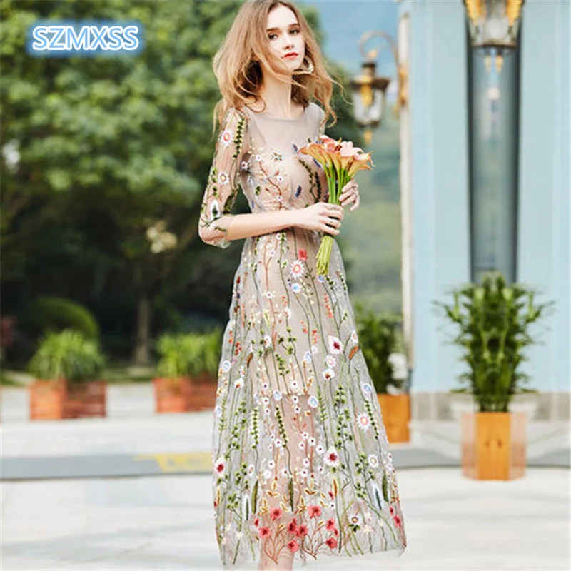 

Runway 2018 Evening Sexy Party Dresses Gorgeous Half Sleeves Sheer Mesh Embroidery Boho Bohemian elegant Long Dress Brand Style