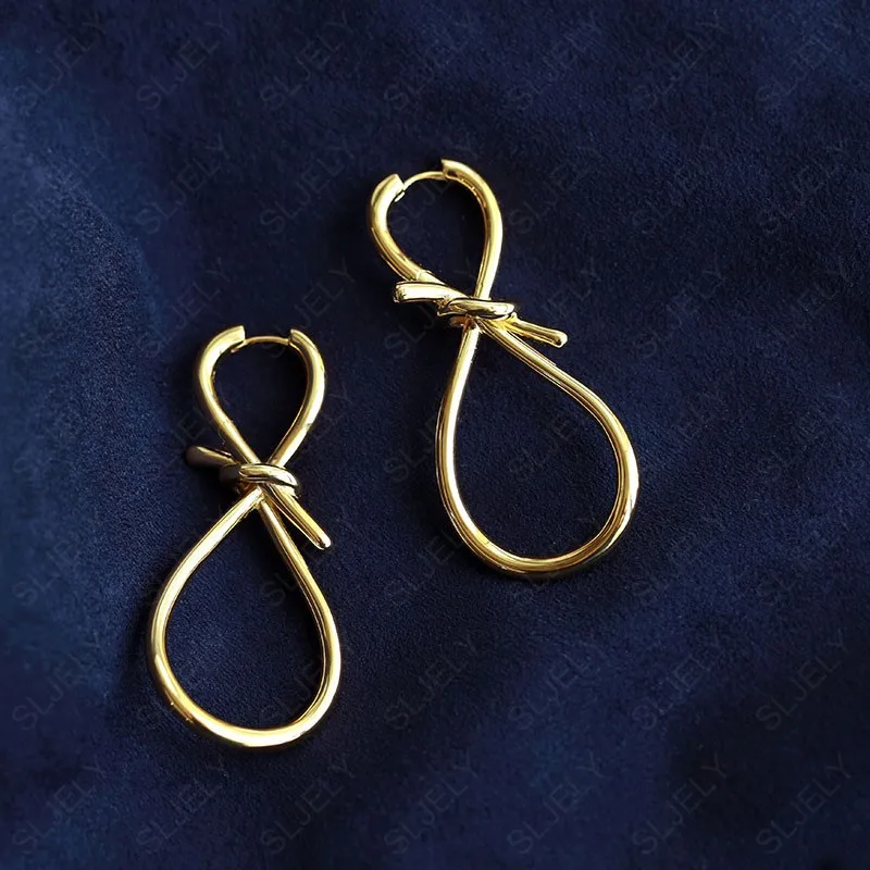 

SLJELY June New 925 Sterling Silver Yellow Gold Color Toi Et Moi Earrings Women 8-shaped Knotted Metal Earrings Monaco Jewelry