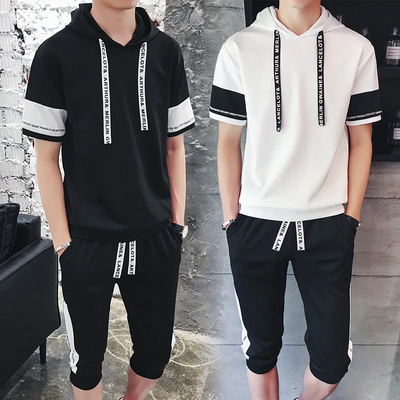 

2018 Summer Sport Suit Men Short Sleeves Running Sportswear Japanese style Fitness Tracksuit Set Jogging Hooded Sweatpants