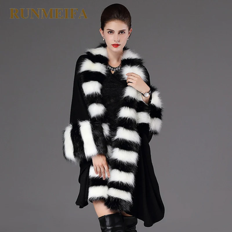 

[RUNMEIFA] Women Cardigan Hooded Fur Autumn Winter Knitted Poncho Feminino Faux Bridal Wedding Shawl Vintage Wool Coats Cloak