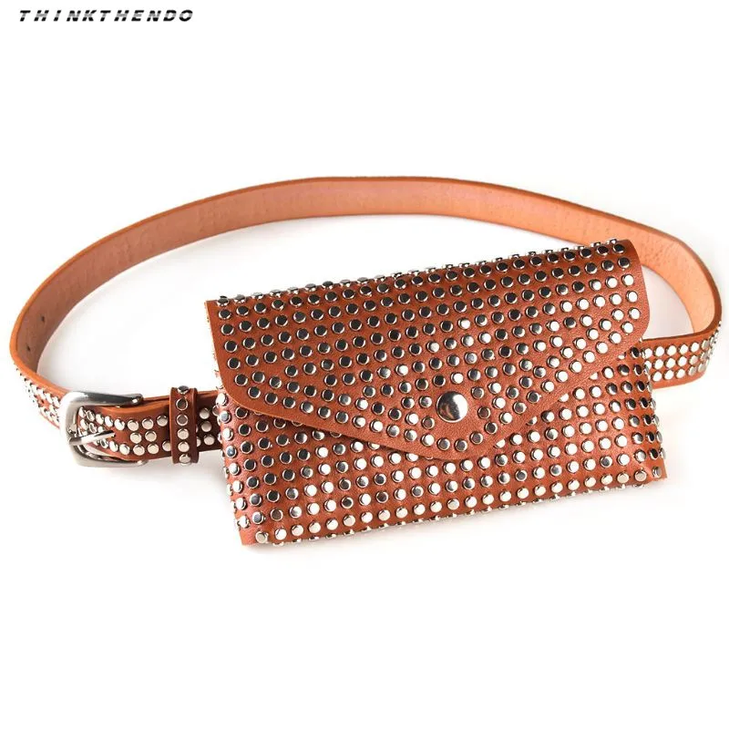 THINKTHENDO/женская модная сумка на пояс с заклепками для девочек, Женская Повседневная сумка для телефона, сумка для путешествий на бедрах