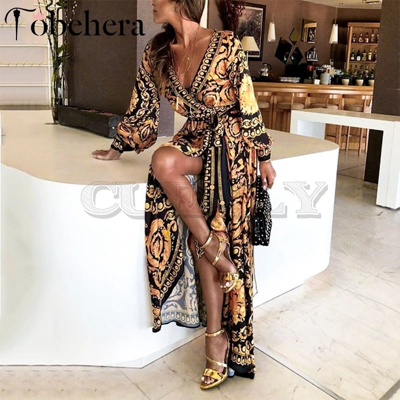 Image CUERLY Vintage split sexy boho dress Women spring elegant print maxi dress long sleeve Summer loose long robe party club dress