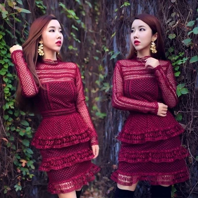 

High-end custom self red lace long sleeve sexy women mini Dress 2019 fashion runway style dress winter casual dress