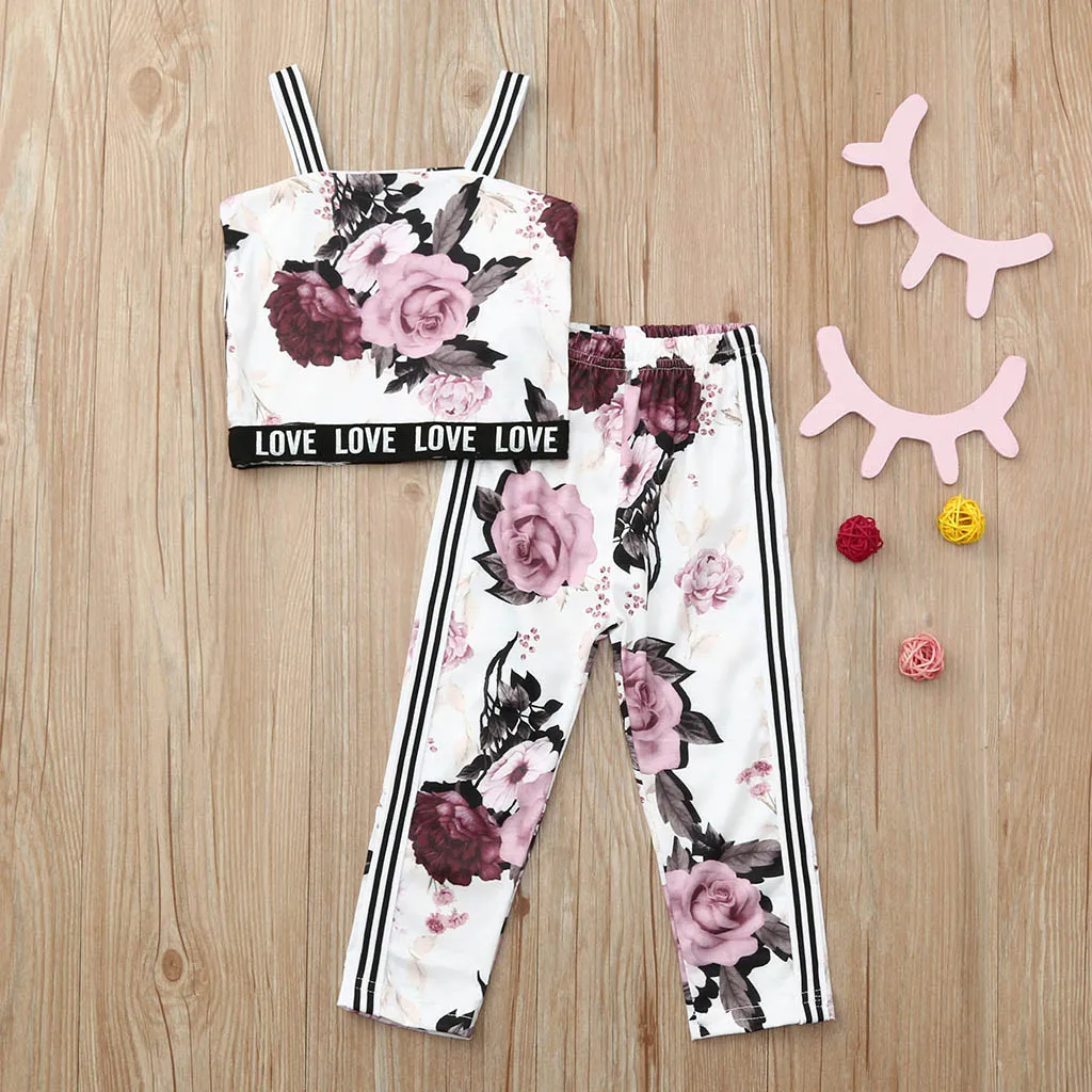 

2018 Brand New Summer Toddler Baby Girls Fashion 2PCS Sets Sleeveless Ruffles Floral Print Vest Tops Long Pants Outfit
