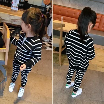 

2019 New Spring Toddler Girl Outfits Casual Kids Girl Striped Zipper Cardigan Coat+Pant 2pc Sport Suits Baby Clothing Sets 2-8Y