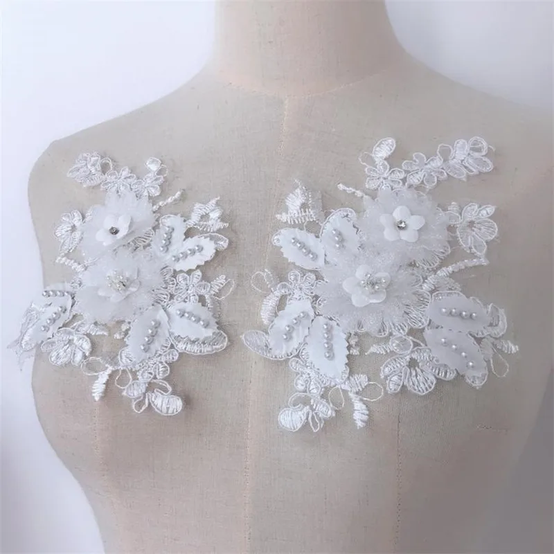 1 Pair Off-white Elegant 3D Flower Embroiderey Pearl Beaded Lace Applique Trim Dress Fabrics Material | Дом и сад