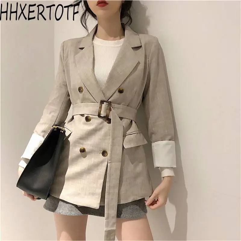 

2019 autumn new fashion casual small suit jacket female V collar Korean version solid color exquisite coat with belt