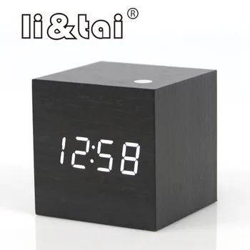 

Li&Tai Cube Wooden LED Digital Alarm Clock Temperature Sounds Control Calendar LED Display Electronic Digital Table Clocks