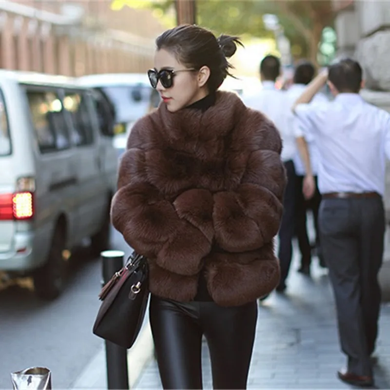 Осенне-зимнее женское пальто из искусственного лисьего меха модная утепленная Меховая куртка с воротником-стойкой Большие размеры женские короткие пальто из лисьего меха H658