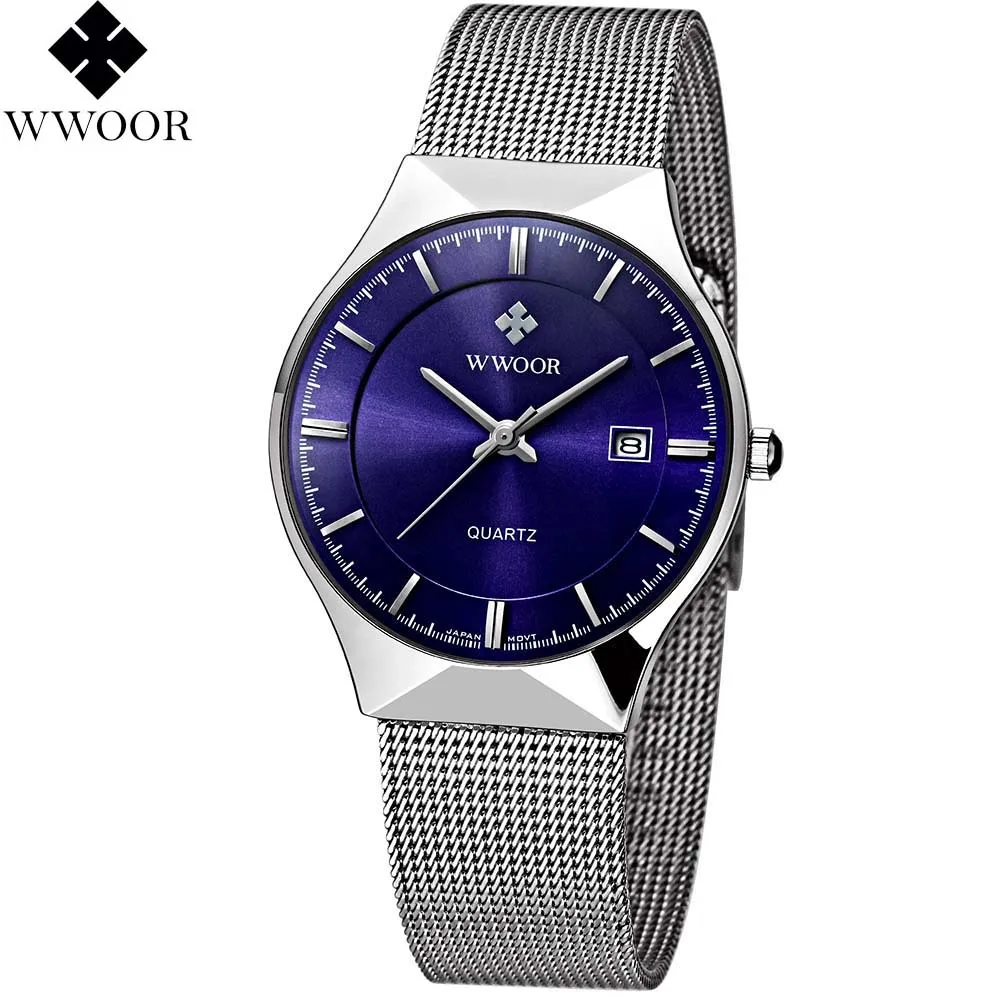 Новая Мода топ luxury brand WWOOR часы мужские кварцевые часы из нержавеющей стали сетка ремешок ультра тонкий циферблат часы relogio masculino - Цвет: Синий