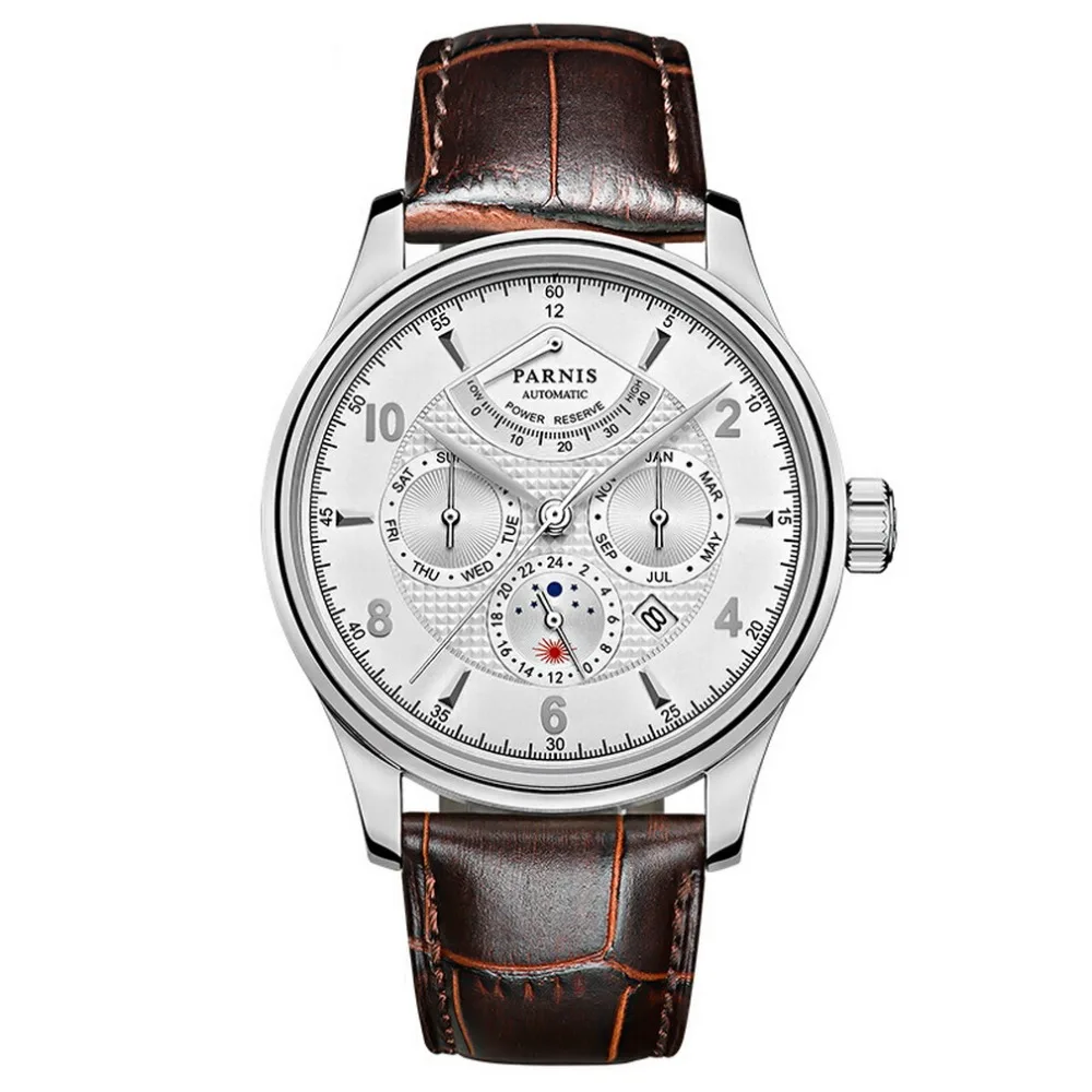  Parnis Pilot III Seriers Luminous Mens Leather Watchband Fashion Automatic Mechanical Watch Wristwa