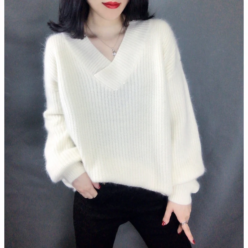 Spring Autumn new 2019 pullover fashion plus size sweaters Korean version loose V-neck knit bottoming shirt female casual tops