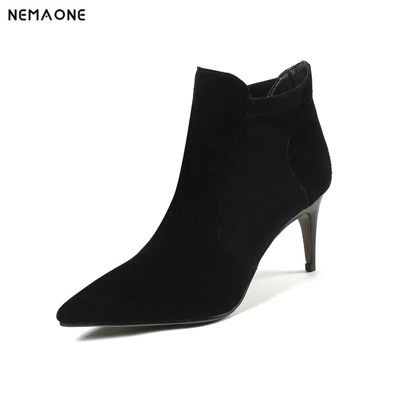 

NEMAONE New high heels ankle women boots office ladies led shoes genuine leather party dress wedding shoes woman black size 43