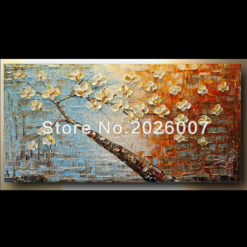 

Hand Painted Abstract Thick Palette Knife Tree White Flower Painting Abstract Blue Brown Gold Oil Painting On Canvas Painting