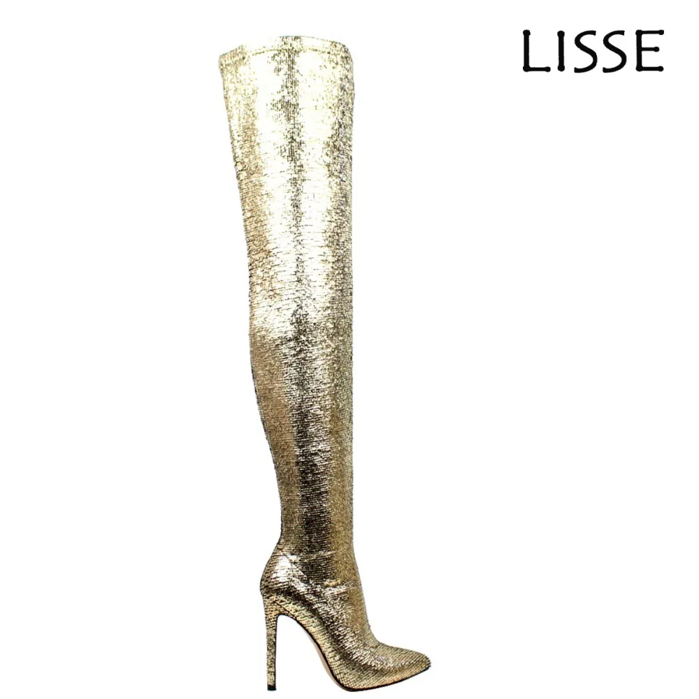

Fashion Women Boots Pointed Toe High Heels Over The Knee Boots Gold Stretch Fabric Thigh High Winter Long Boots Party Shoes Zip