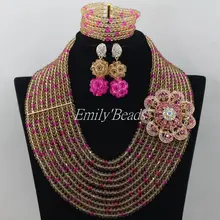 Золото/африканская розовая фуксия костюм свадебные хрустальные бусины комплект ювелирных изделий 10 слоев нигерийский Свадебный ожерелье наборы AMJ793