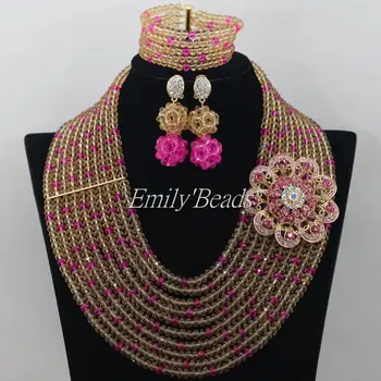 

Gold/Fuchsia Pink African Costume Wedding Crystal Beads Jewelry Set 10 Layers Nigerian Bridal Necklace Sets Free Shipping AMJ793