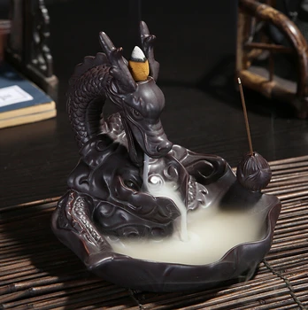 

Chinese Ceramic Dragon Smoke Backflow Censer Buddhist Furnace Cone Stick Incense Burner Base Living Room Car Home Decor Gift Box