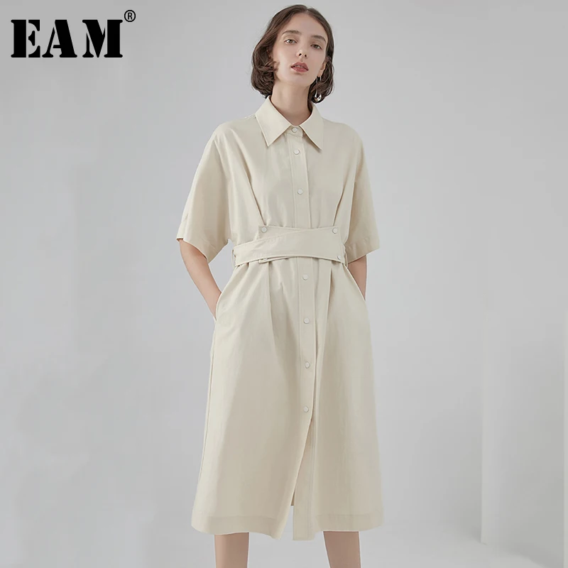 

[EAM] 2019 New Spring Summer Turn-Down Collar Half Sleeve High Waist Button Beige Brief Temperament Dress Women Fashion JX681