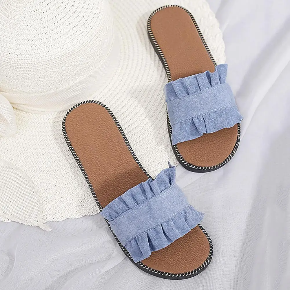 

Summer Fashion Solid Color Fabric Ruffles Flat Slipper Sandals Beach Shoes Women
