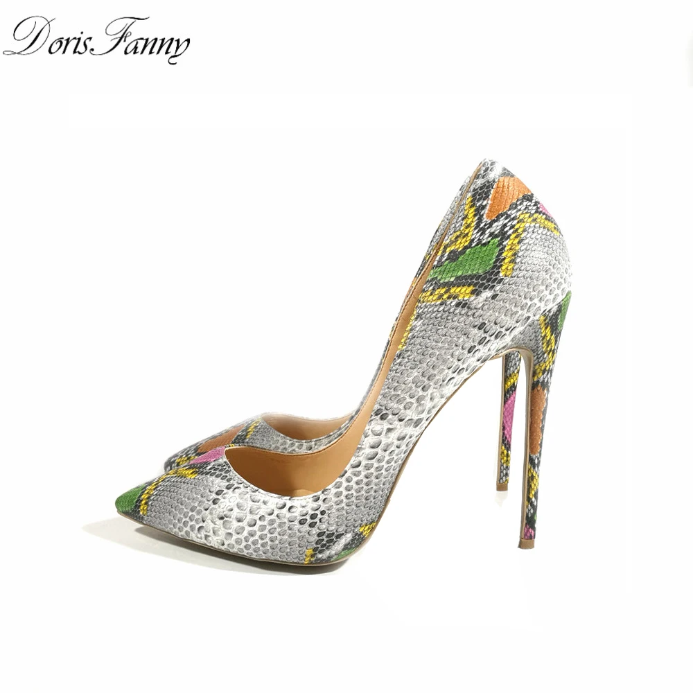 

DorisFanny original design snake printed pointed toe pumps women shoes 12cm big size sexy high heels free shipping