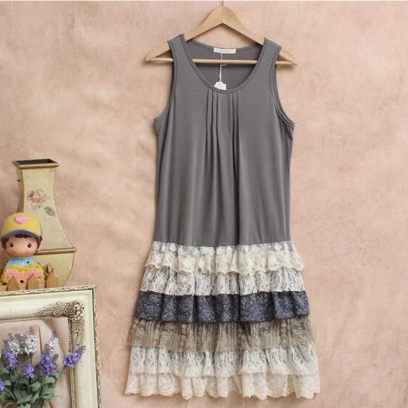 Skup Damska sukienka mori w japońskim stylu kobiety odzież Harajuku koronkowa warstwa Ruffles Maxi plisowana bez rękawów luźne słodkie Kawaii sukienki bez rękawów C180