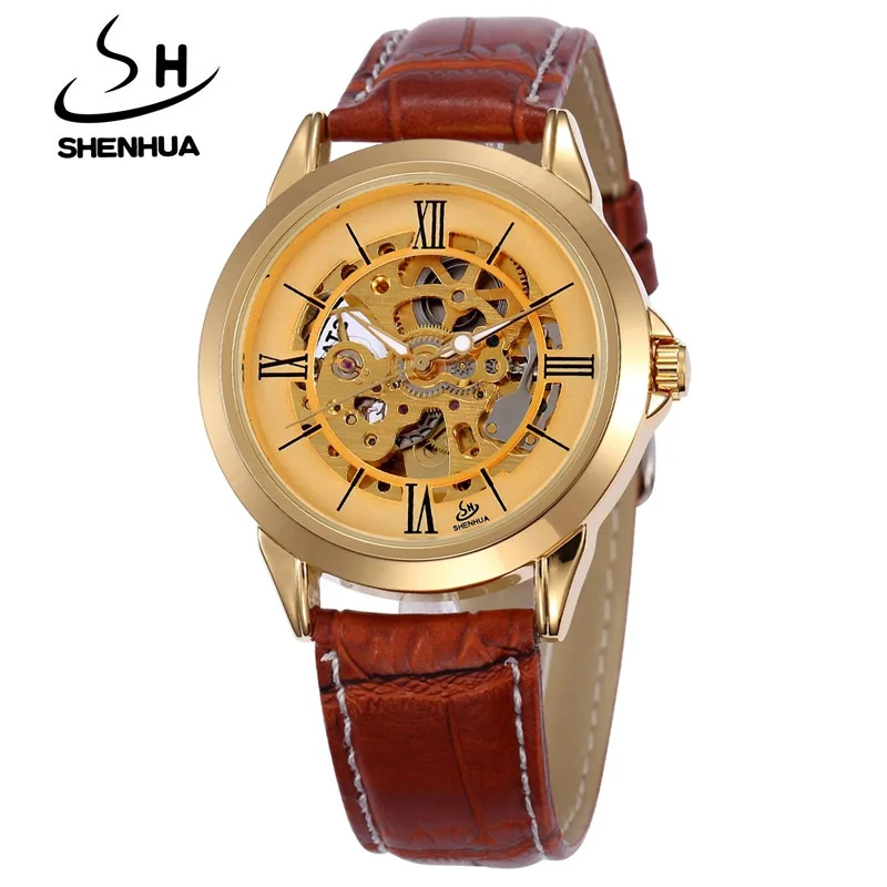 

SHENHUA Famous Brand Luxury Gold Skeleton Automatic Mechanical Watches Men Waterproof Shockproof Men Dress Watches PU Leather