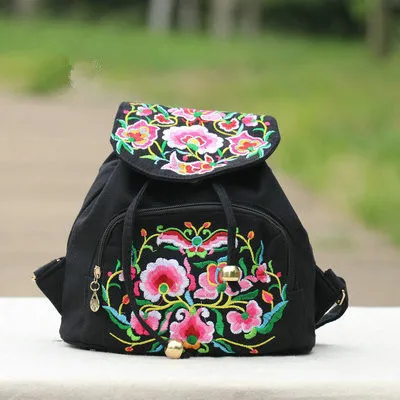 

New Floral Embroidery Women backpack!Hot All-match Original National Lady embroidered Backpack Shopping canvas Travel rucksack