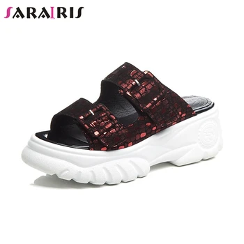 

SARAIRIS Brand New Big Size 34-42 women's Genuine Leather Flat Platform Shoes Woman Casual Party Summer Slippers Female