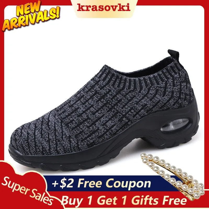 

Krasovki Platform Sneakers Flying knitting Women Thick Platform Breathable Slipony Color Designer Shoes for Female Slip on
