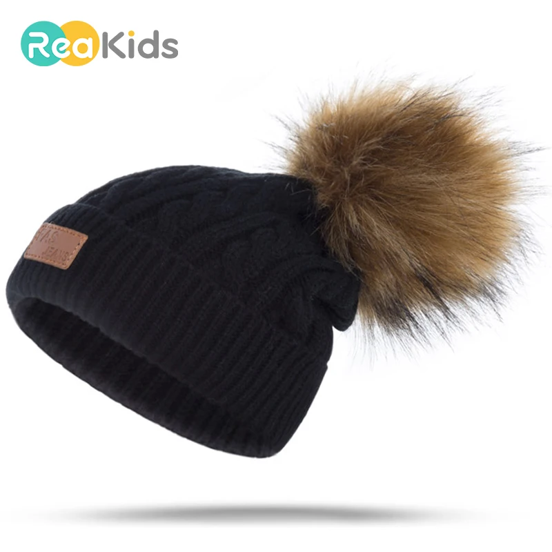 REAKIDS Hot Sale Winter Children Beanies Hat With Pompon Warm Knitted