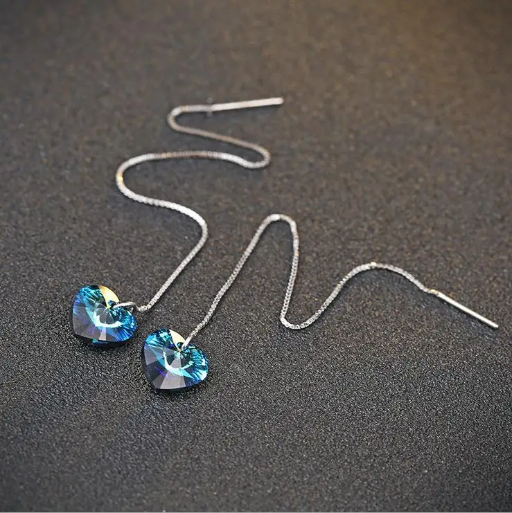 925 стерлингового серебра Длинные Серьги болтается Для женщин Jewelry голубое сердце