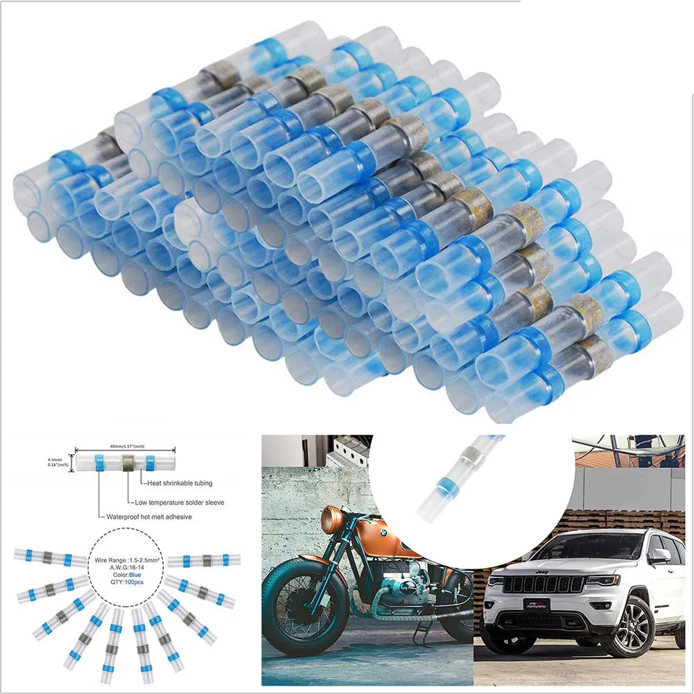 

100Pcs Cable Blue Tinned Car Waterproof Connector Solder Insulated Electrical Heat Shrink Butt Terminal Seal Sleeve Wire Splice