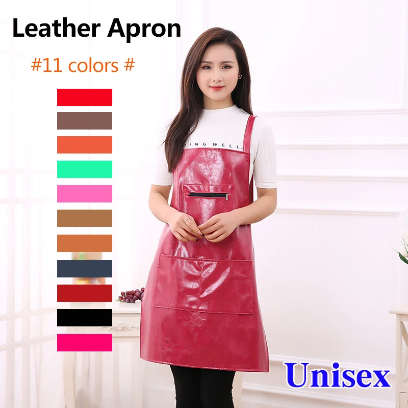 Korean leather waterproof apron oil kitchen overalls PU overalls household adult men and women overalls kitchen cooking overalls