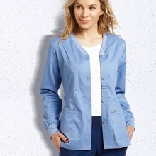 EDS Подпись стрейч кнопка спереди скраб куртки медсестры пальто разогрева медицинский скраб-топ с определенностью рабочая одежда с длинным рукавом скрабы