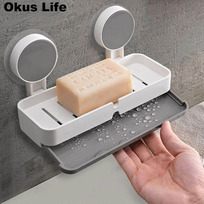 

Double Layer Bathroom Shelf Soap Box Kitchen Tools Bathroom Accessories Home Soap Dish Suction Holder Storage Basket Soap Box