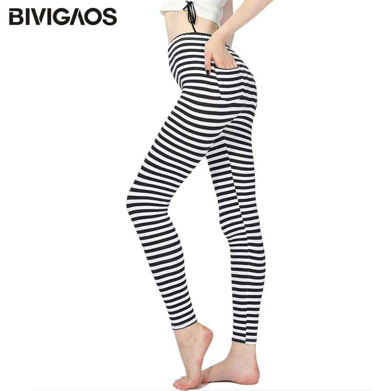 BIVIGAOS женские черные белые поперечные полосатые леггинсы с карманами на спине леггинсы для тренировок модные повседневные леггинсы трико брюки для женщин сексуальная Узкие брюки