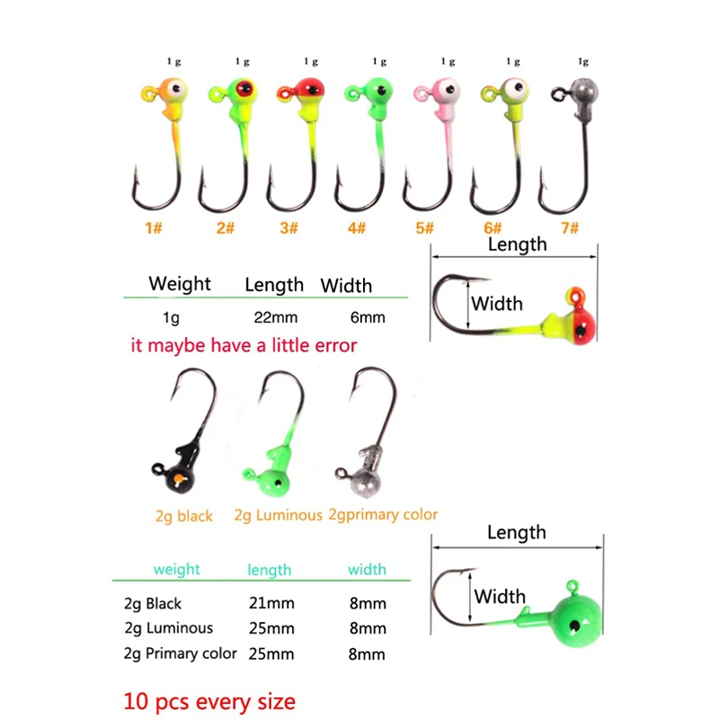 Strong Hooks#1~#10 Lead Head 100pcs/Box 1g / 2g Multicolor Single Hook Accessories Fishing