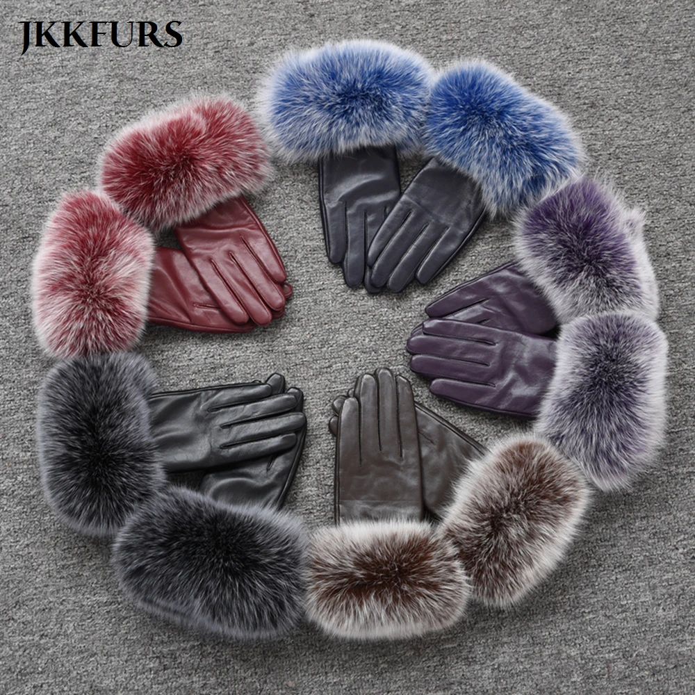 

2019 Women's Genuine Sheepskin Leather Fox Fur Gloves Women's Winter Warm Touch Screen Mittens S2002