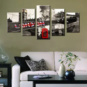 

UK Britain White & Black London City View Big Ben Landscape Red Telephone Booth Black Car for Home Decor Wall Canvas Painting