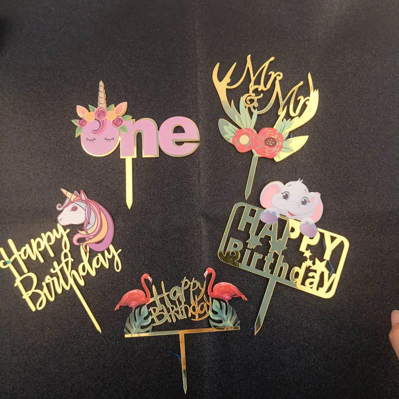 

1pc Unicorn Acrylic Cake Topper Glitter Gold One Happy Birthday Cupcake Topper For Kids First Baby Shower Cake Decorations Tools